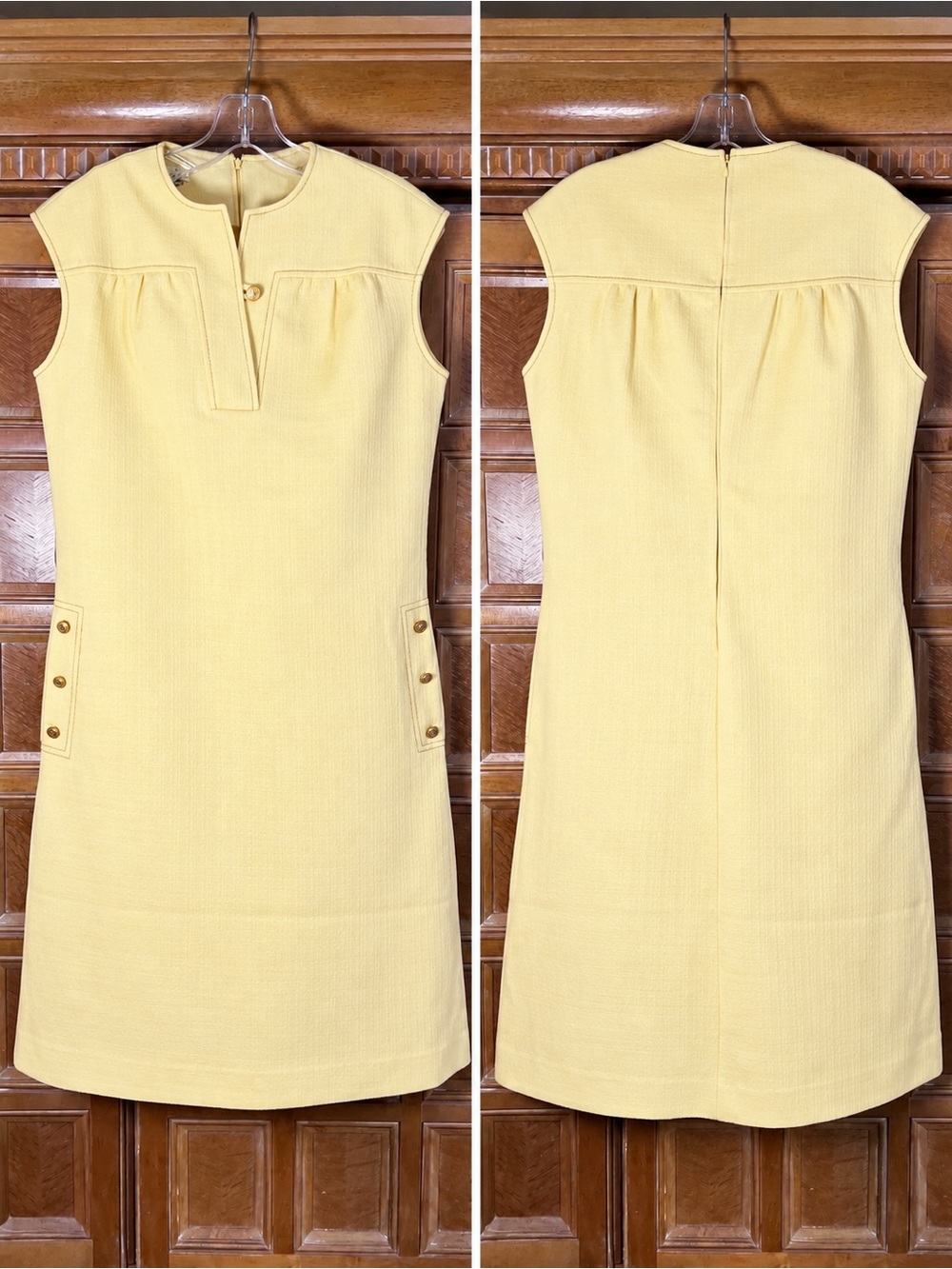 Vintage Jonathan Logan Yellow Sleeveless Shift Dress Button Pocket Detail Size M